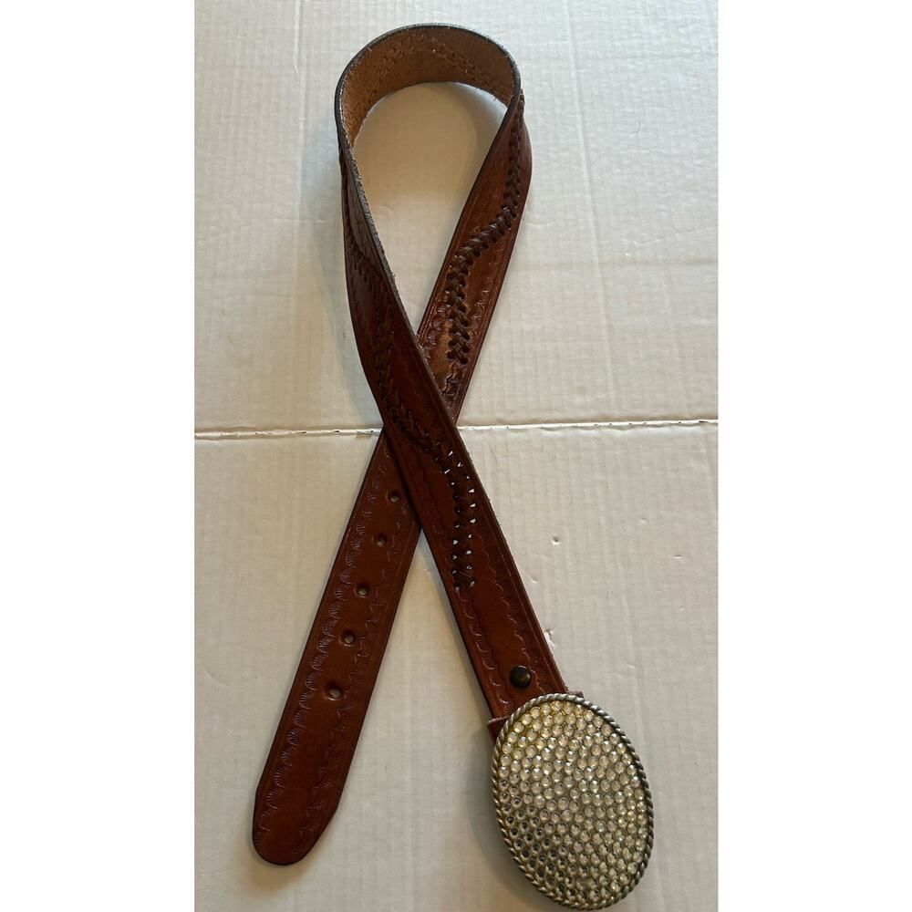 Vtg Large Rhinestone Buckle Western Hand Tooled Leather Belt Women’s Size 34‎